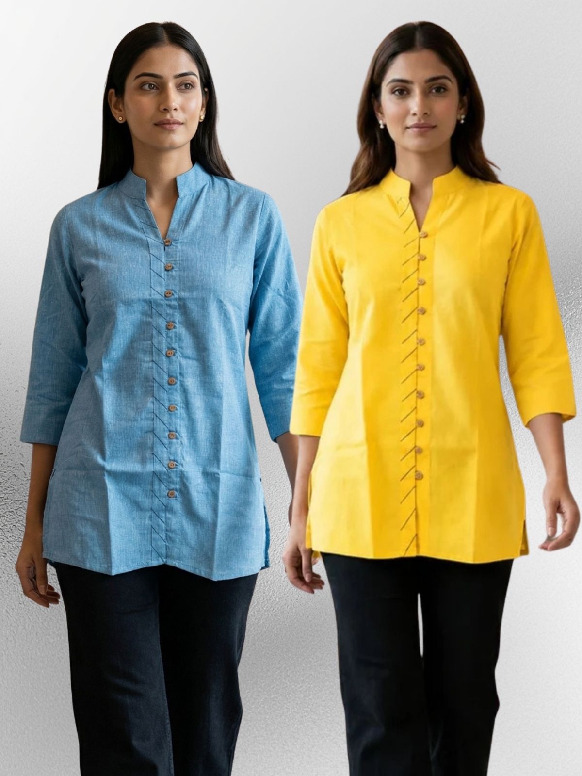 SkyBlue & Yellow Handloom Cotton Front-Slit Short Kurti Combo