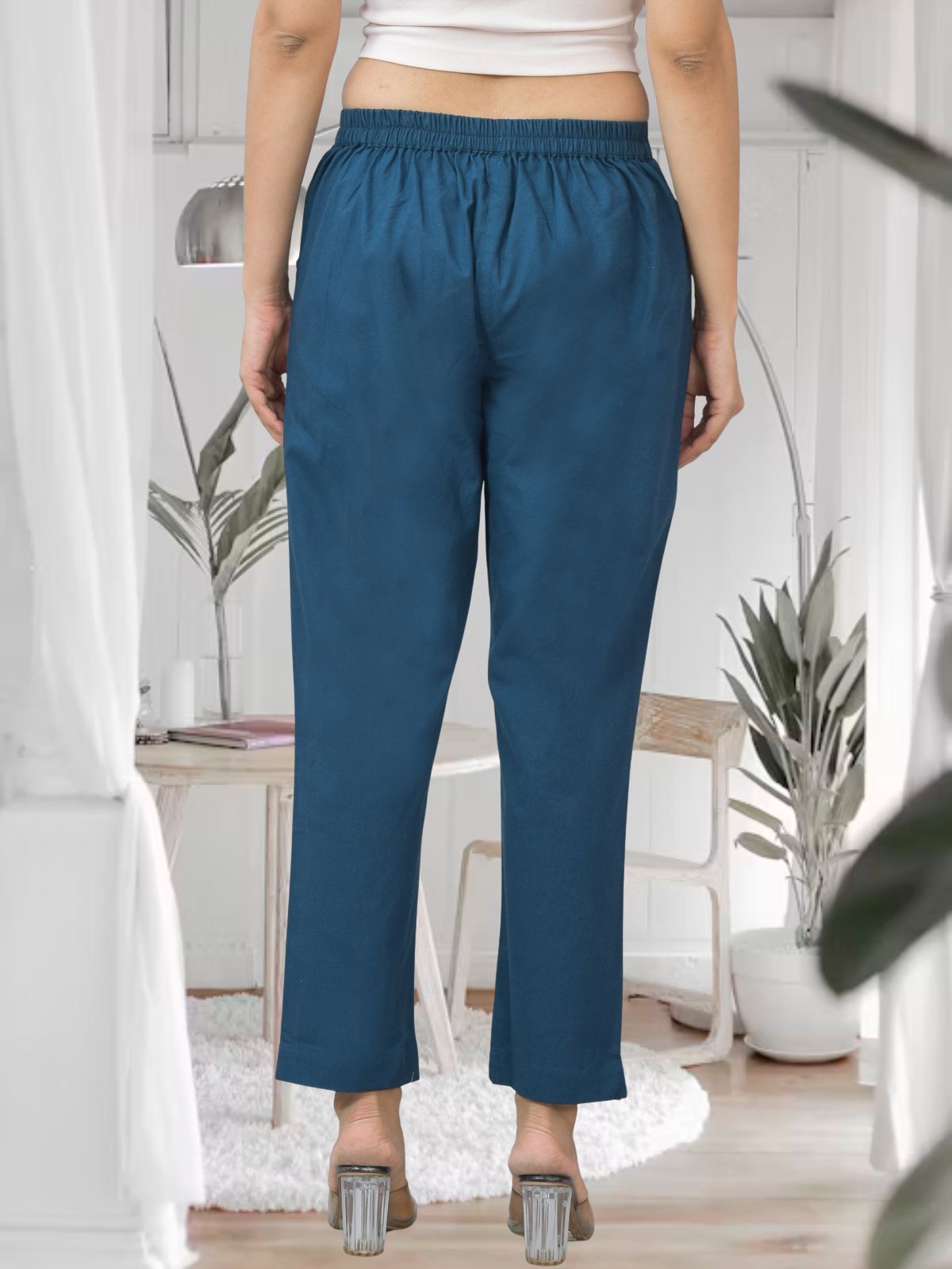 Teal Blue Half Elastic Airy Linen Cotton Pants
