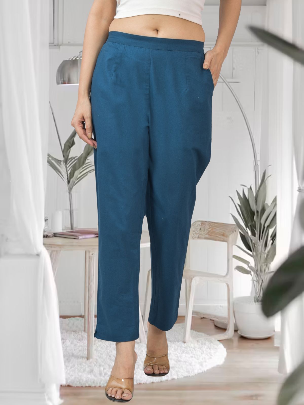 Teal Blue Half Elastic Airy Linen Cotton Pants