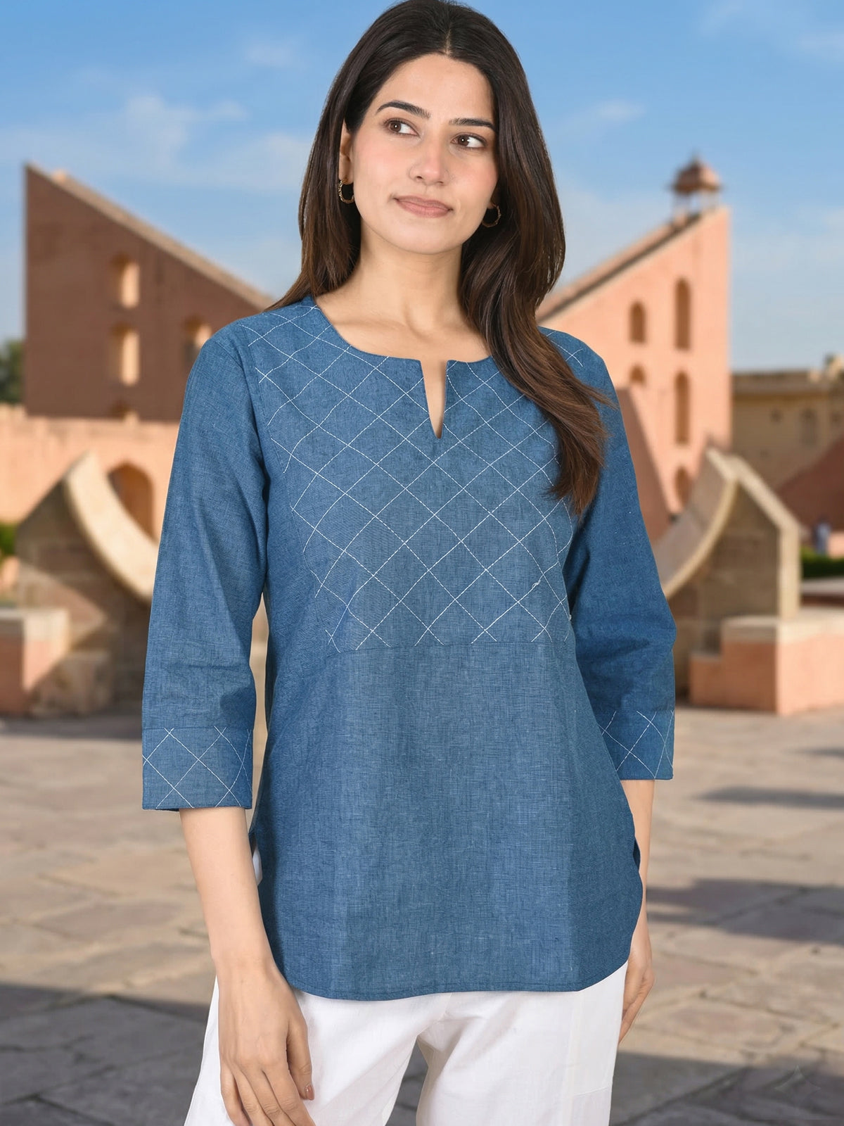 Tealblue Handloom Cotton Yoke Top