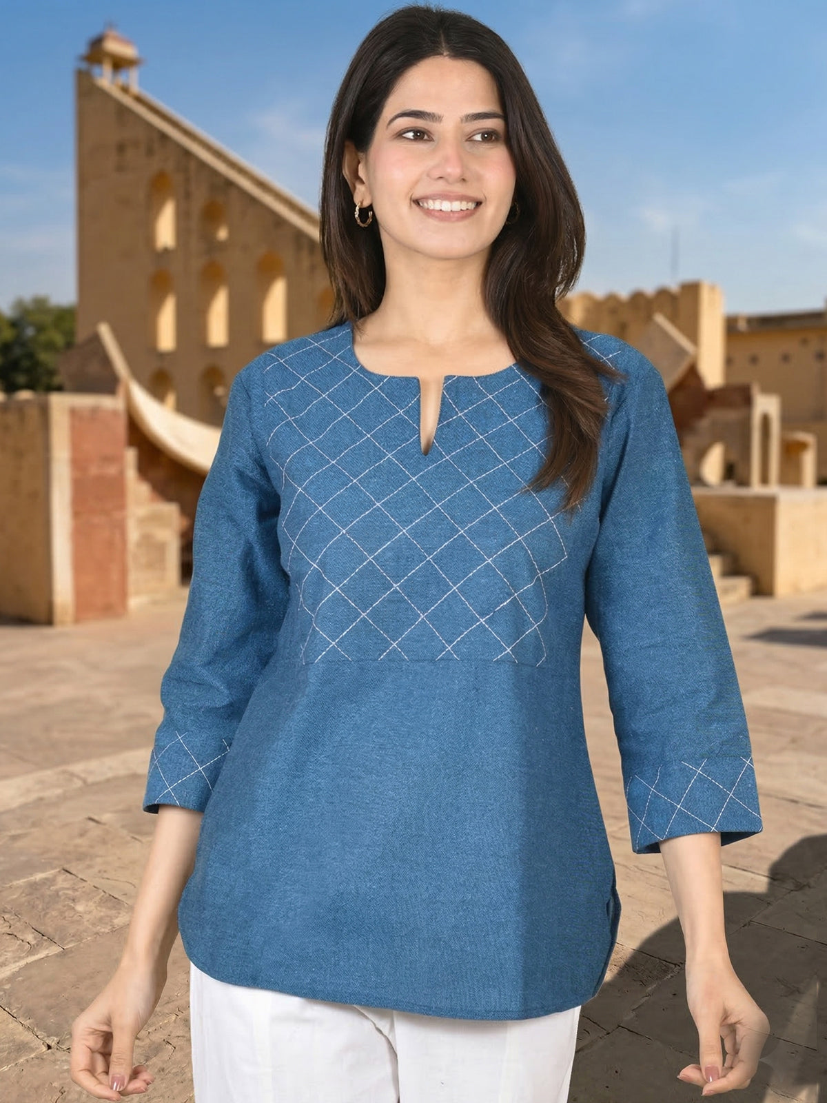 Tealblue Handloom Cotton Yoke Top
