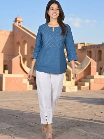 Tealblue Handloom Cotton Yoke Top