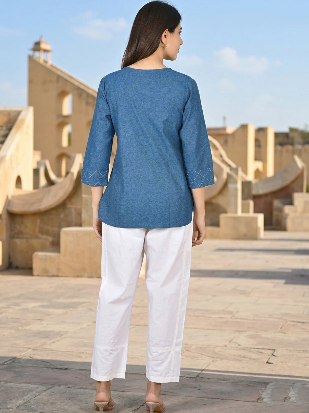 Tealblue Handloom Cotton Yoke Top