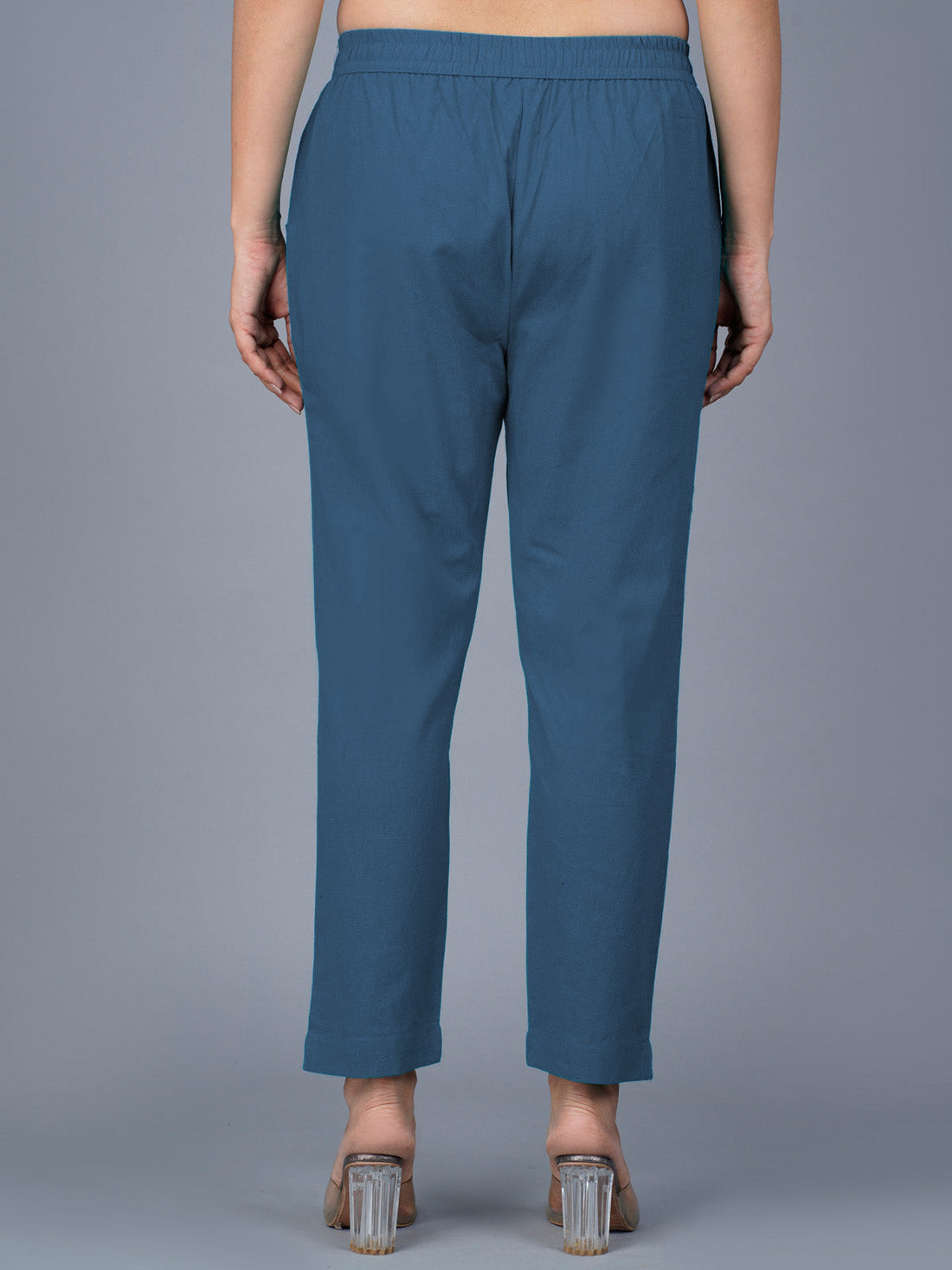 Teal-Blue Regular Fit Elastic Cotton Trouser