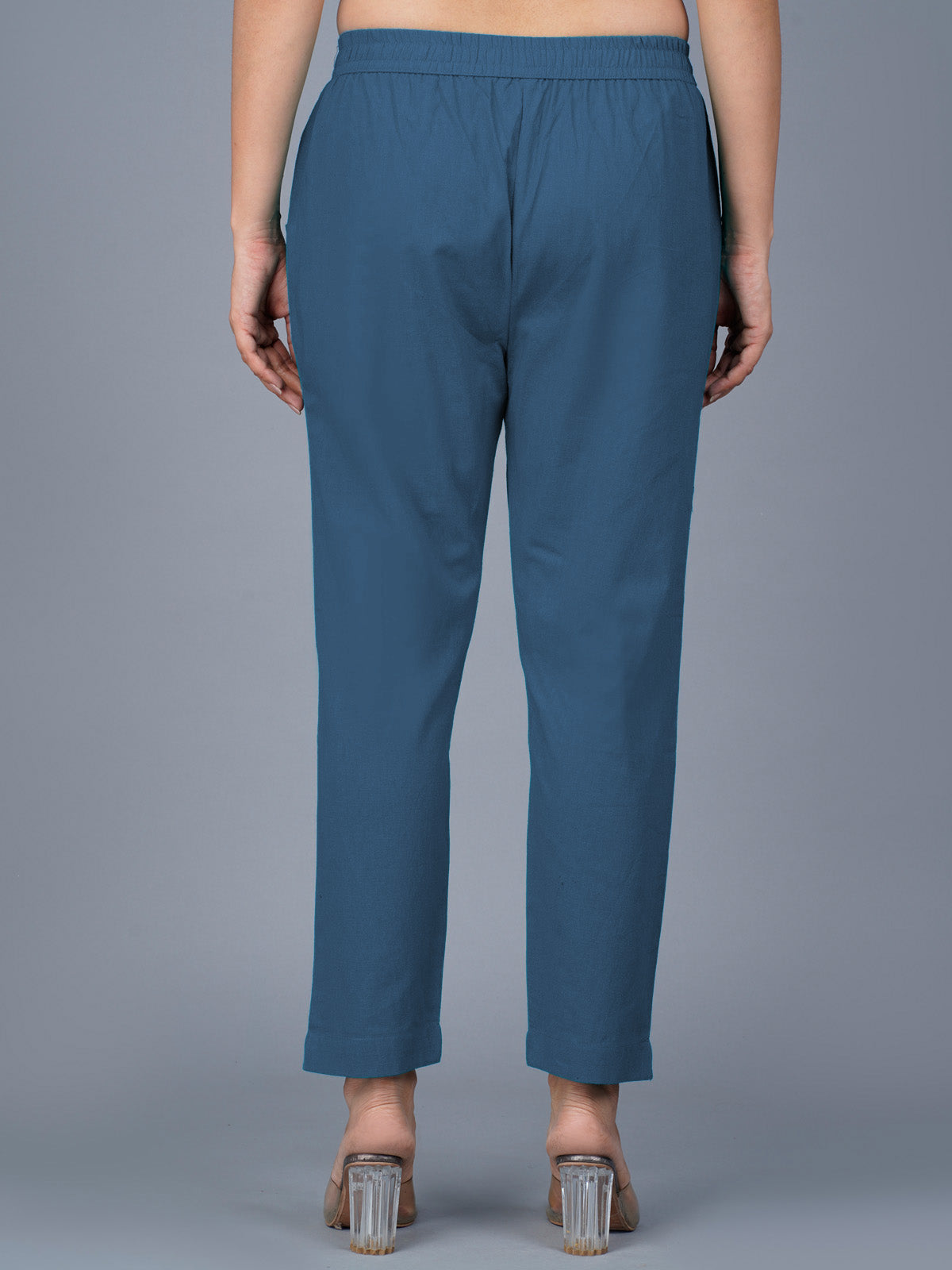Teal-Blue Regular Fit Elastic Cotton Trouser