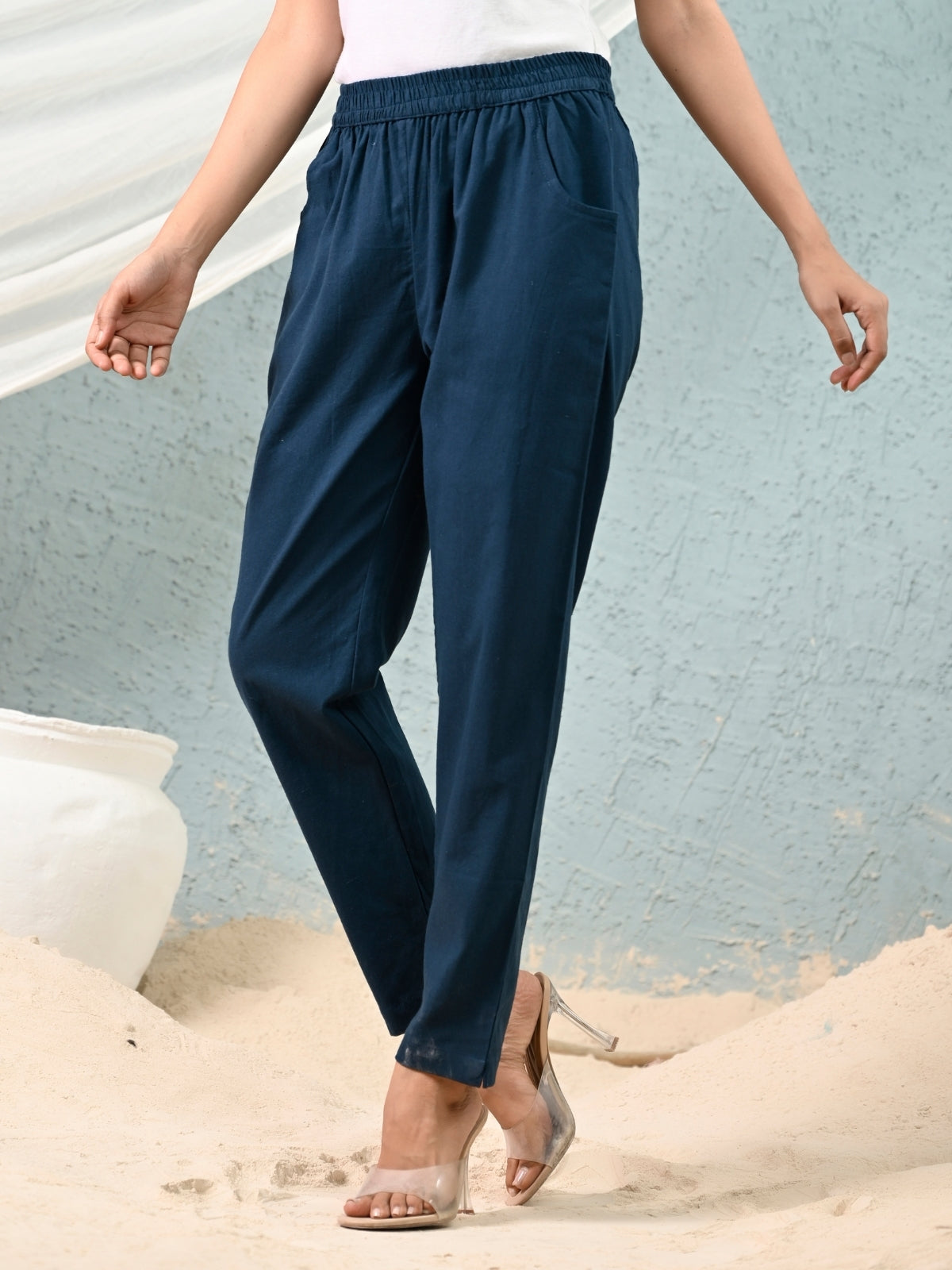Teal-Blue Regular Fit Elastic Cotton Trouser