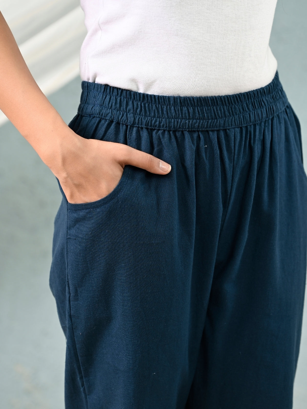 Teal-Blue Regular Fit Elastic Cotton Trouser