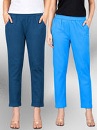 Tealblue & Turquoise Regular Fit Elastic Cotton Trouser Combo