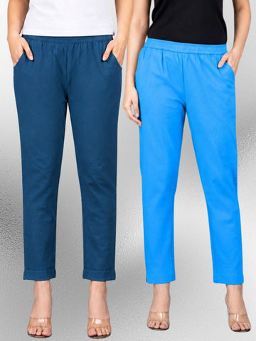 Tealblue & Turquoise Regular Fit Elastic Cotton Trouser Combo