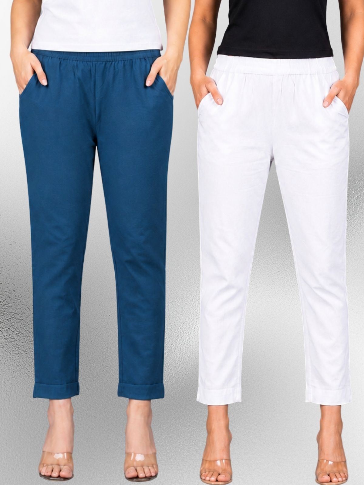 Tealblue & White Regular Fit Elastic Cotton Trouser Combo