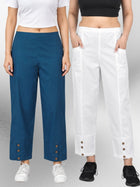 TealBlue & White Cotton Straight Cargo Pant Combo