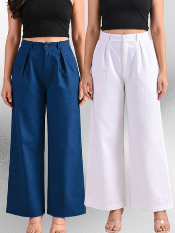 Tealblue & White-Cotton Wide Leg Pants Combo