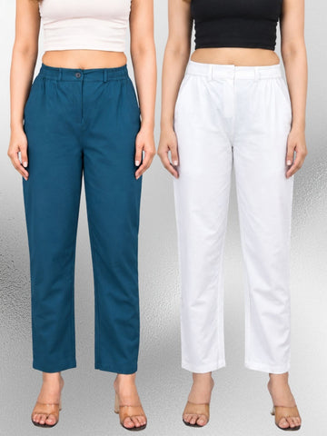 Tealblue & White-Regular Fit Cotton Formal Trouser Combo