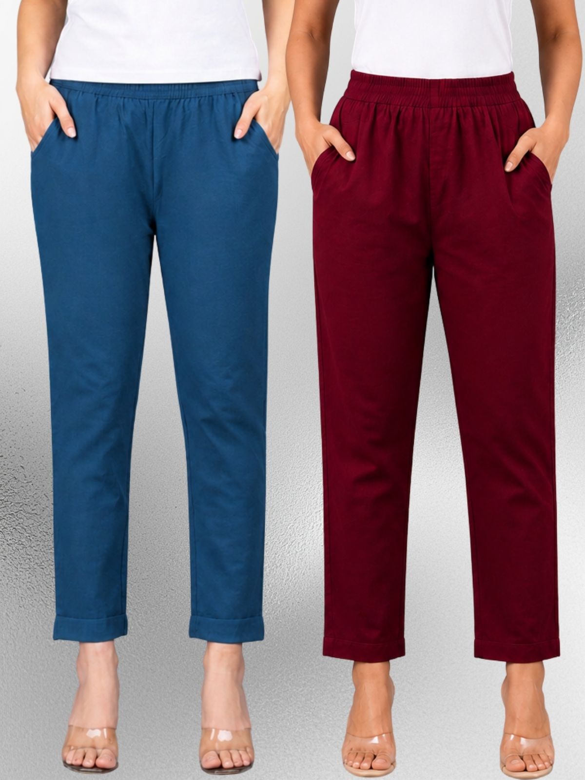 Tealblue & Wine Regular Fit Elastic Cotton Trouser Combo
