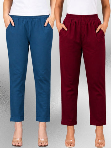 Tealblue & Wine Regular Fit Elastic Cotton Trouser Combo