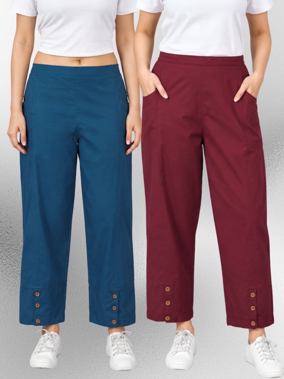 TealBlue & Wine Cotton Straight Cargo Pant Combo