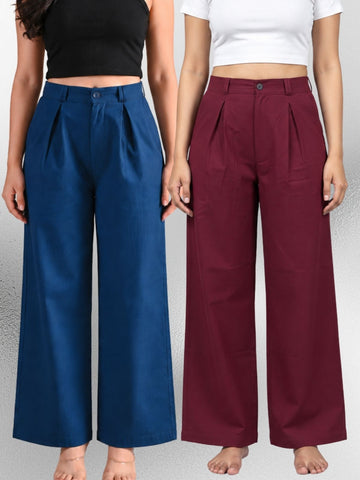 Tealblue & Wine-Cotton Wide Leg Pants Combo
