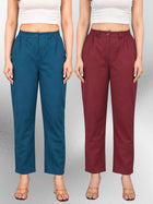 Tealblue & Wine Regular Fit Cotton Formal Trouser Combo