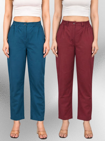 Tealblue & Wine-Regular Fit Cotton Formal Trouser Combo