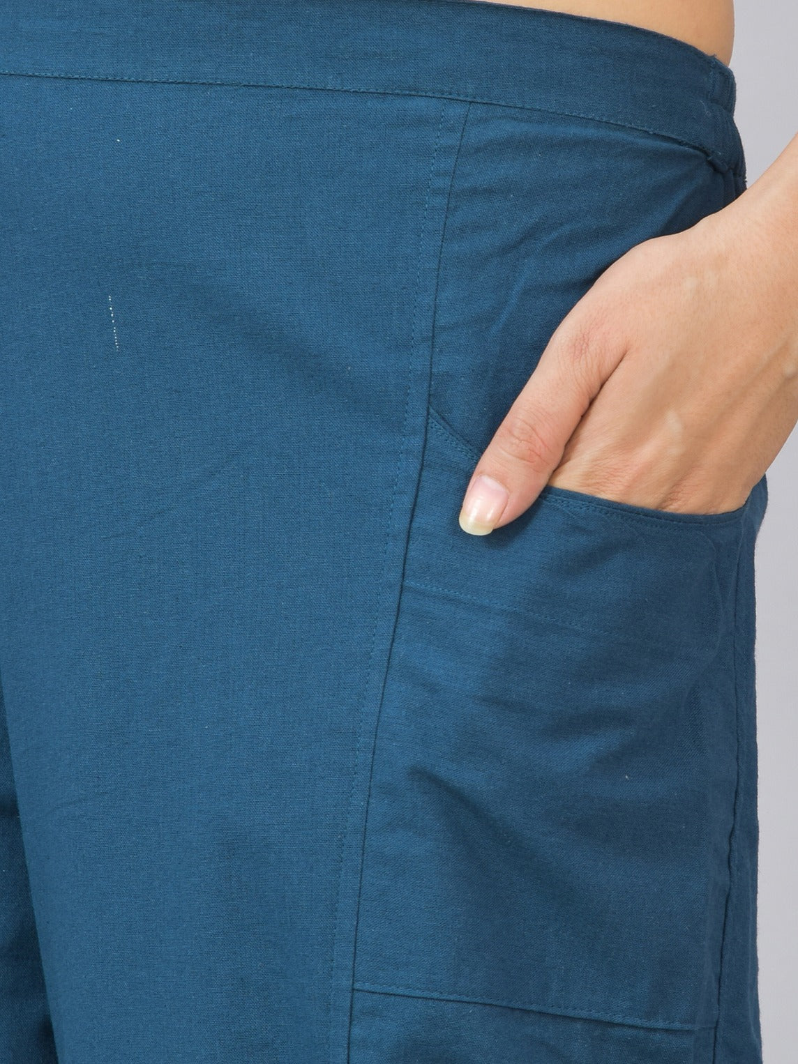 Teal Blue Side Pocket Pure Cotton Straight Cargo Pant