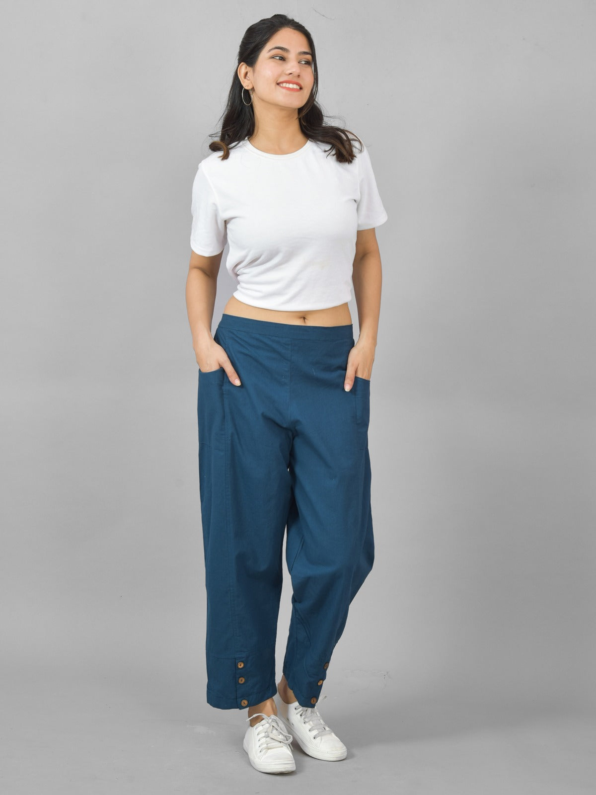 Teal Blue Side Pocket Pure Cotton Straight Cargo Pant