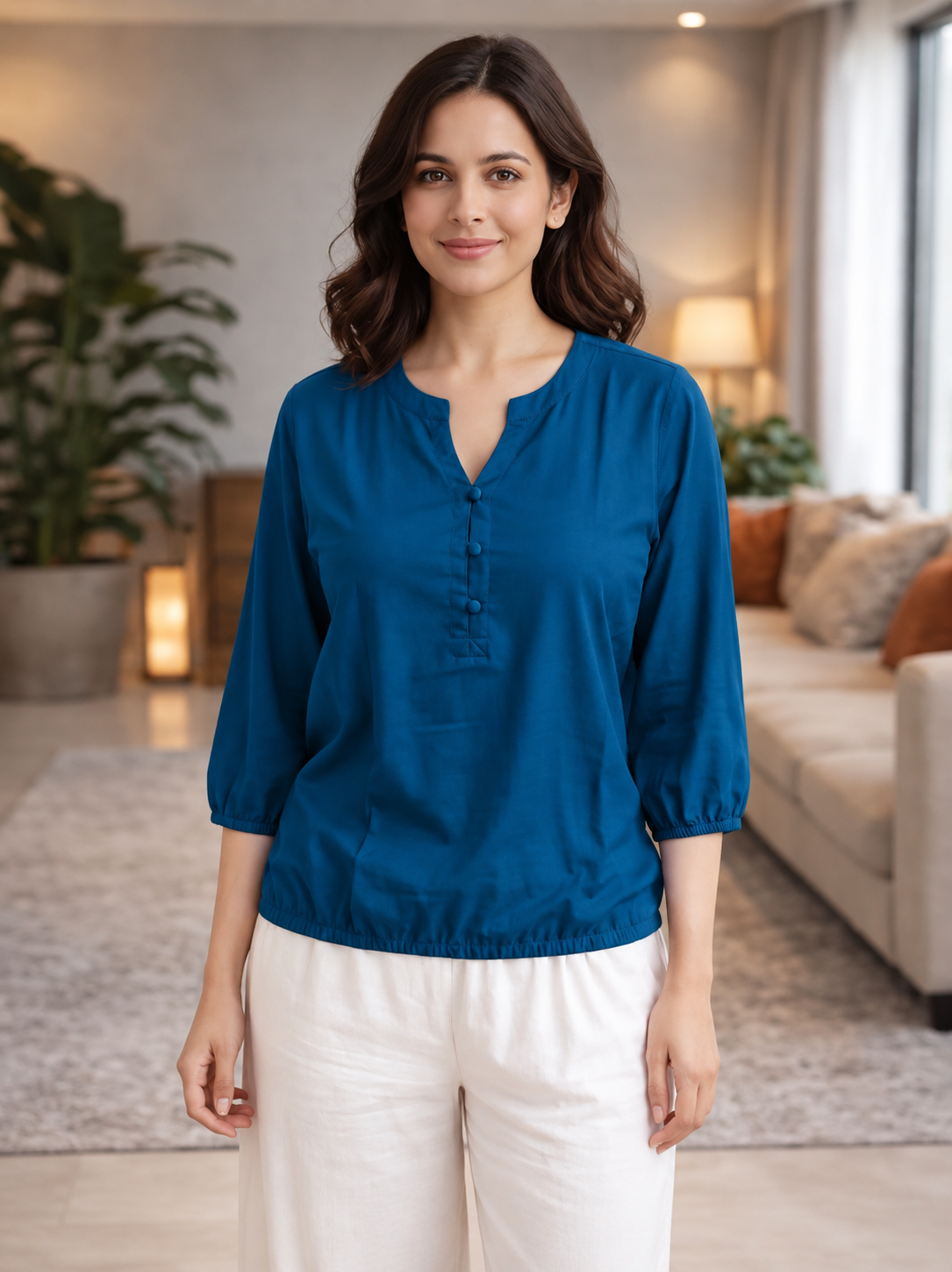 Teal Blue Viscose Elastic Waist Tops
