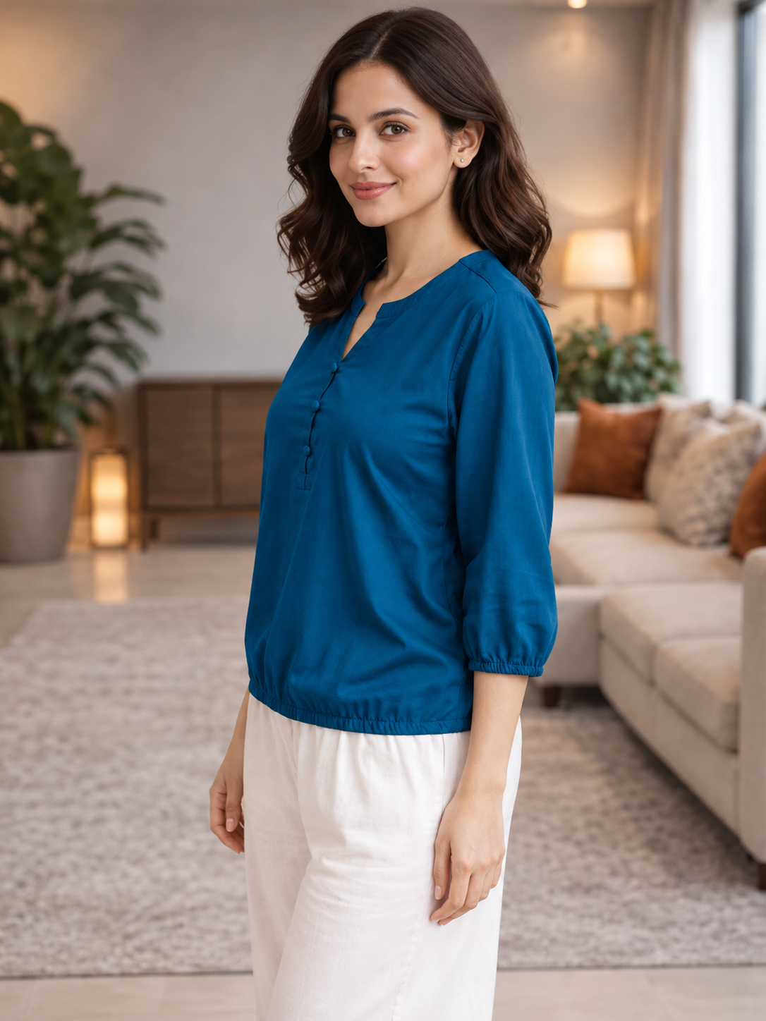Teal Blue Viscose Elastic Waist Tops