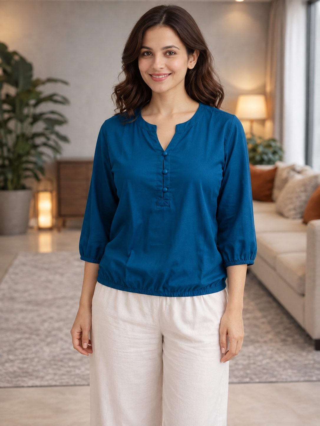 Teal Blue Viscose Elastic Waist Tops