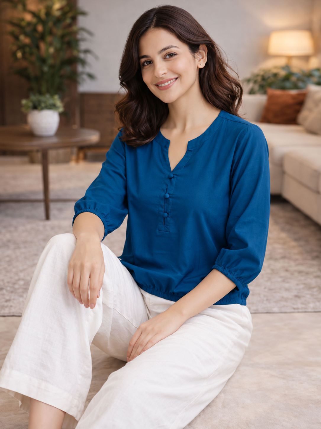 Teal Blue Viscose Elastic Waist Tops