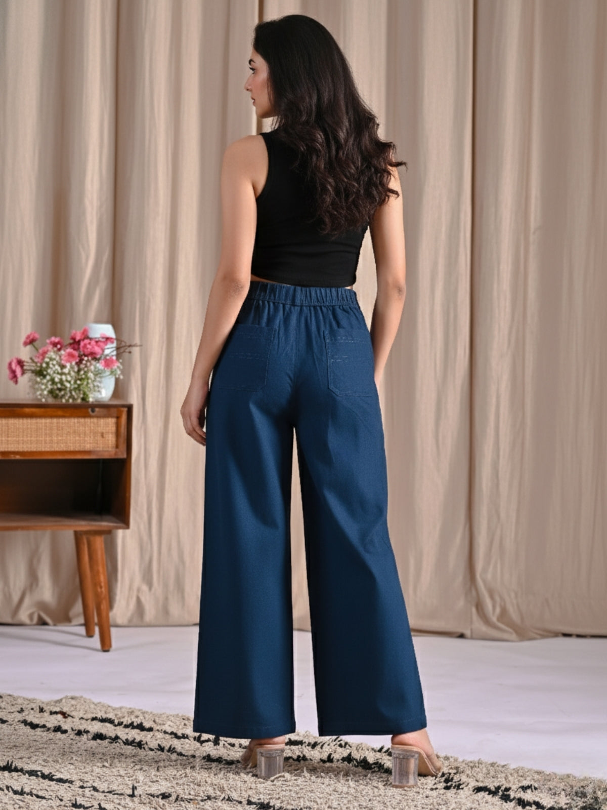 Teal Blue Cotton Wide Leg Pants