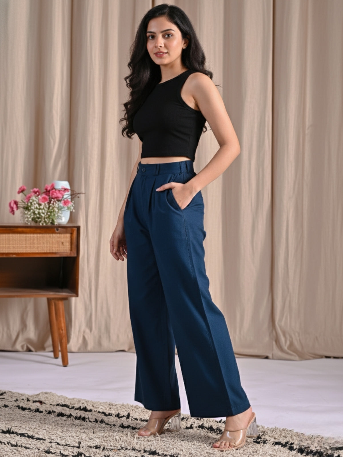 Grey & Tealblue-Cotton Wide Leg Pants Combo