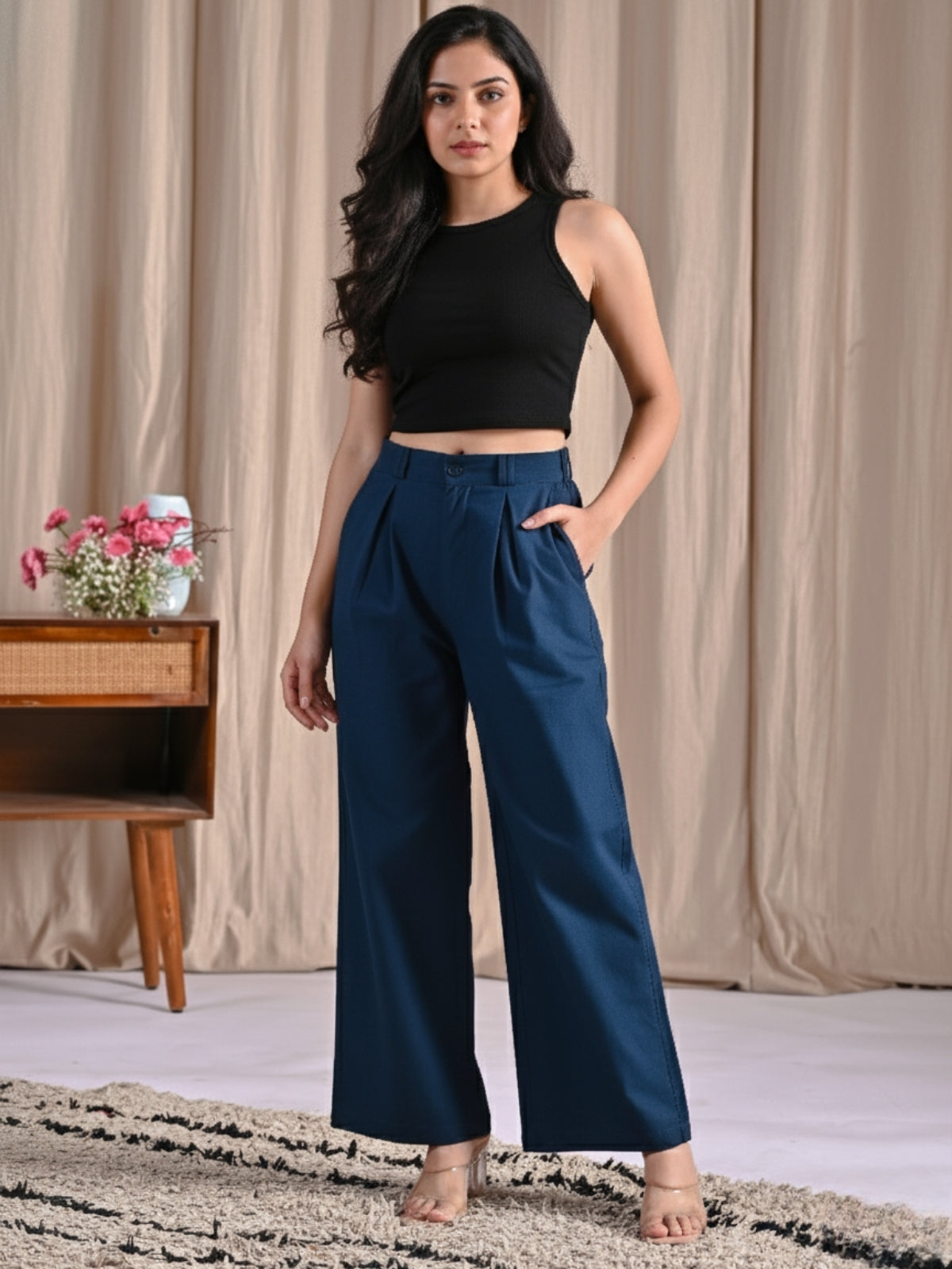 Teal Blue Cotton Wide Leg Pants