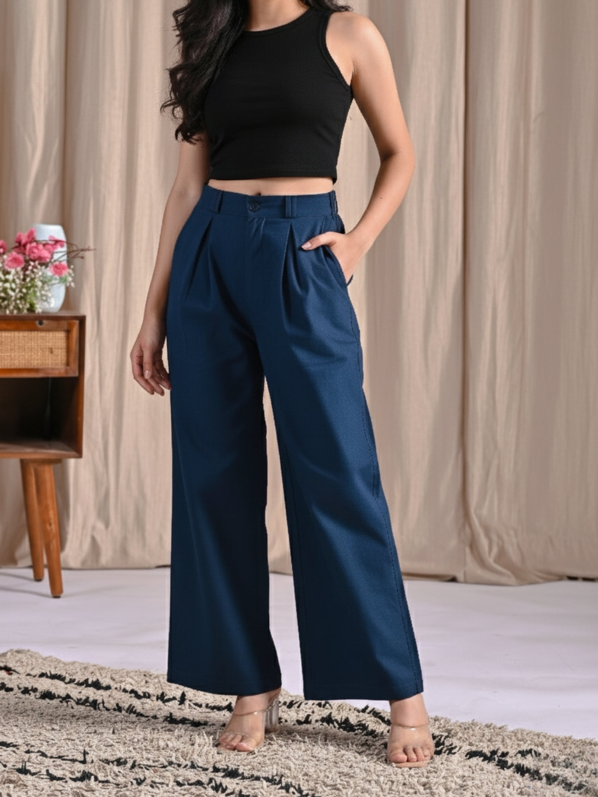 Tealblue & Wine-Cotton Wide Leg Pants Combo