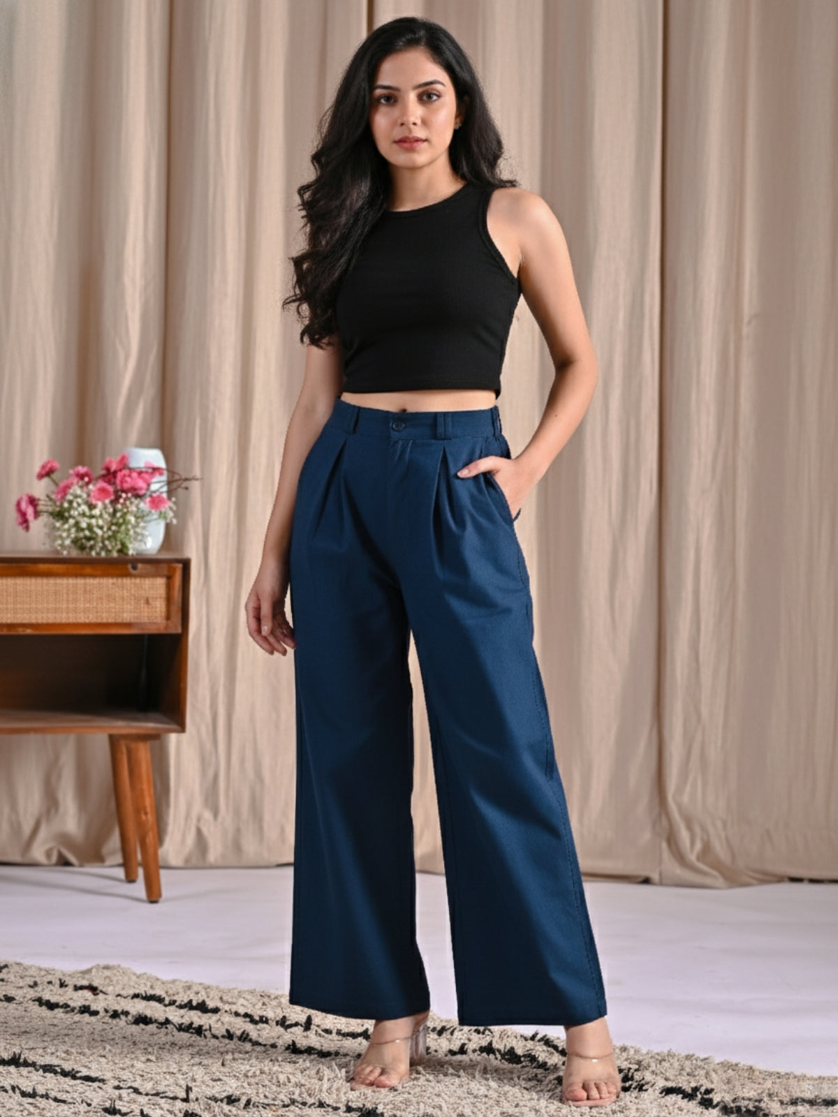 Grey & Tealblue-Cotton Wide Leg Pants Combo