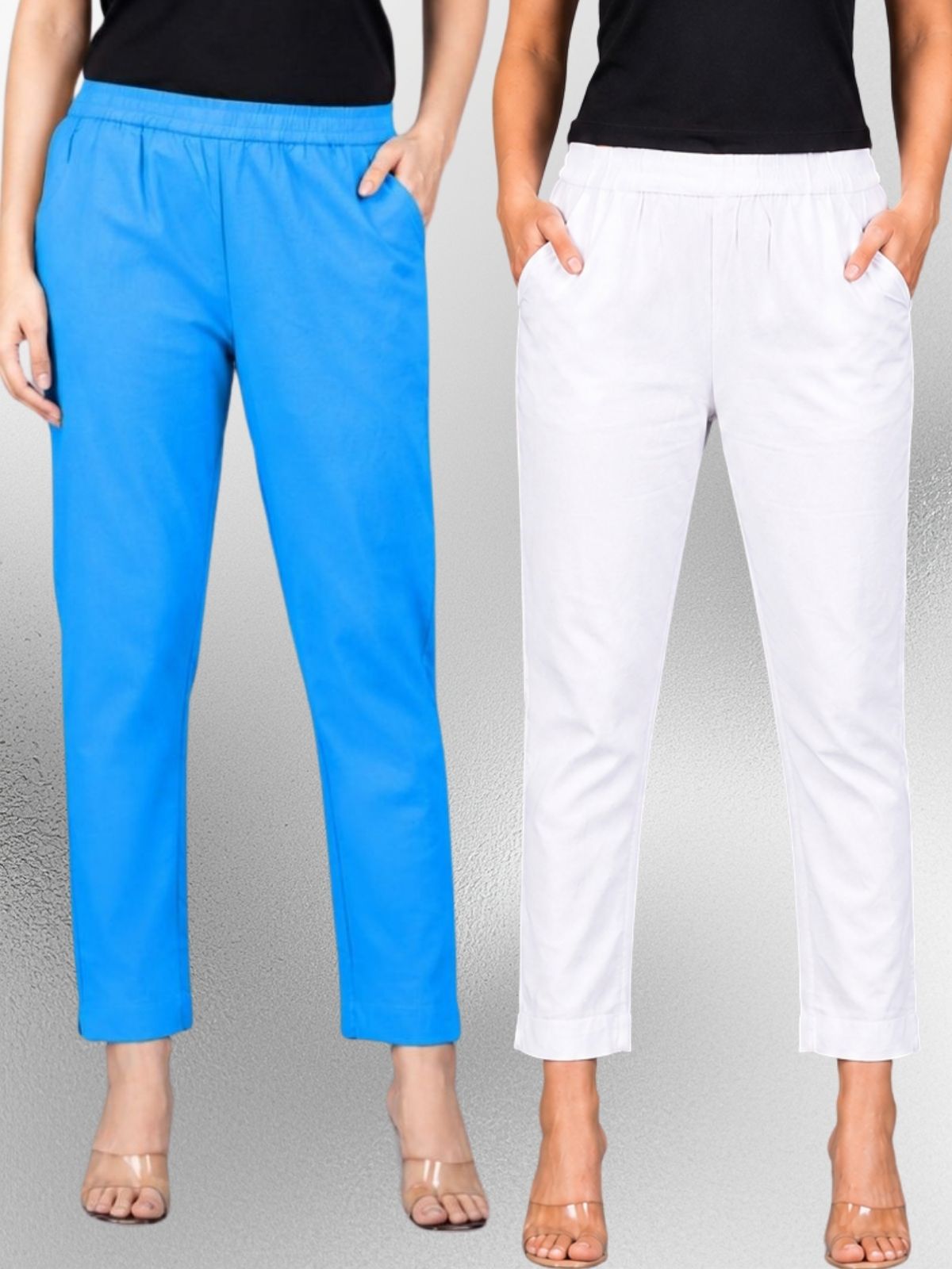 Turquoise & White Regular Fit Elastic Cotton Trouser Combo