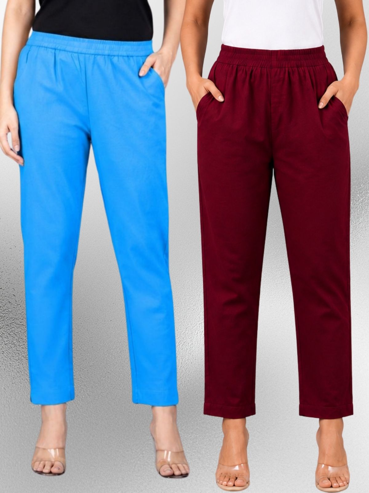 Turquoise & Wine Regular Fit Elastic Cotton Trouser Combo