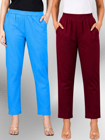 Turquoise & Wine Regular Fit Elastic Cotton Trouser Combo