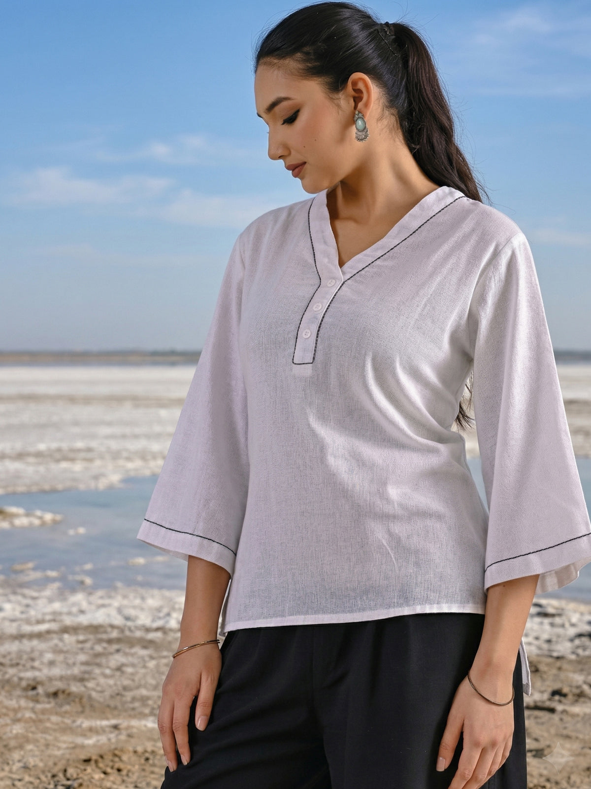 White Handloom Anchor Thread Top