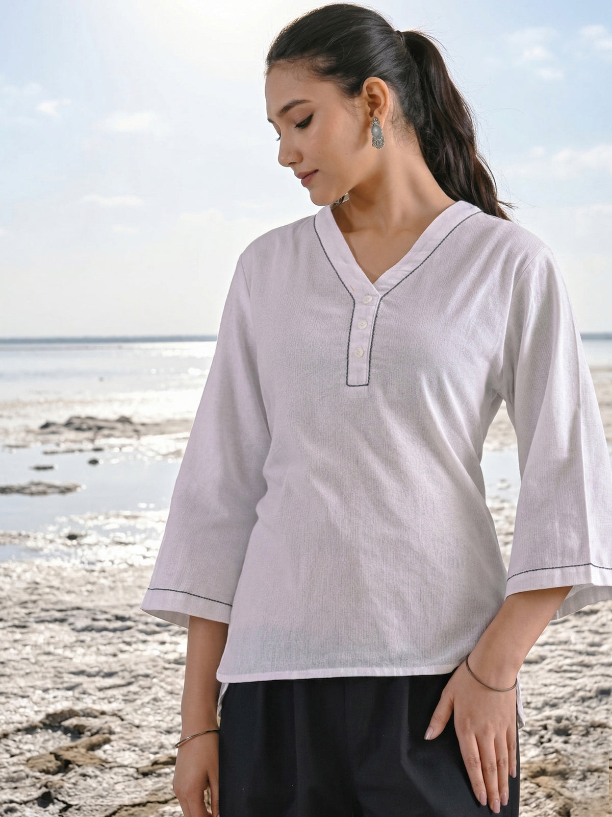 White Handloom Anchor Thread Top