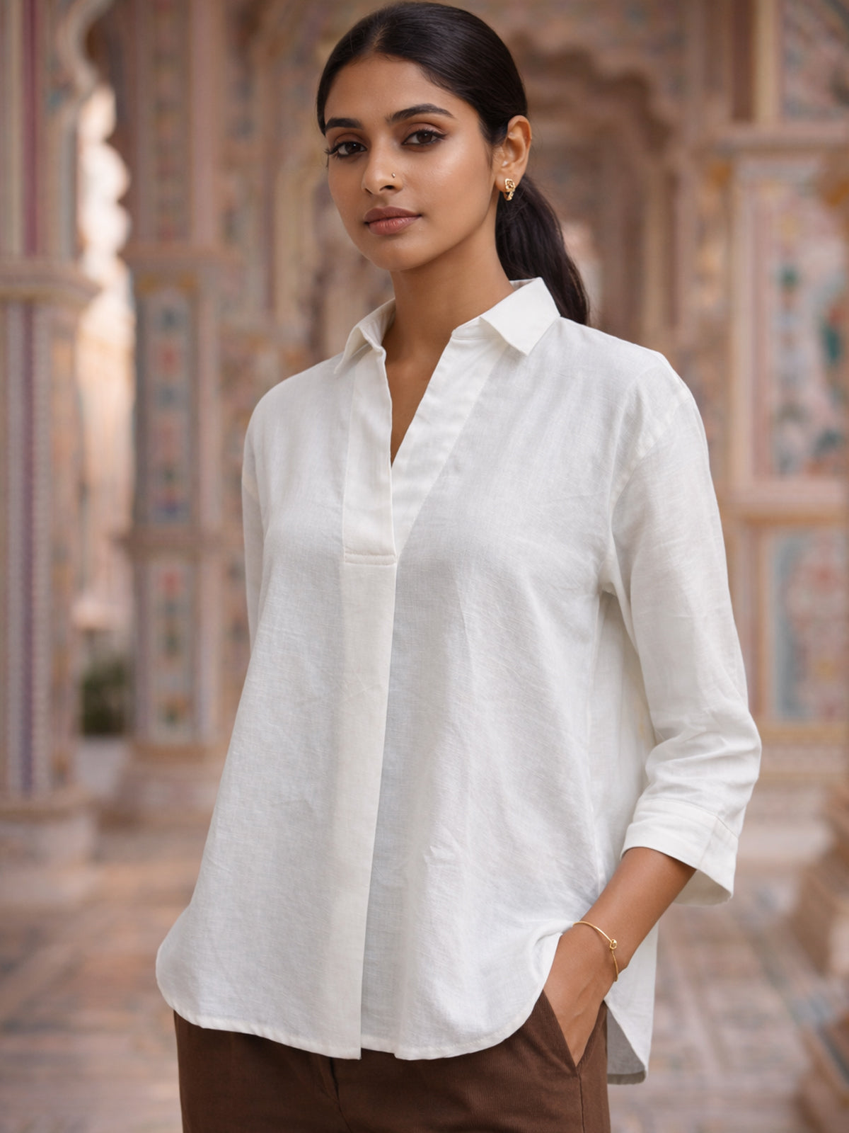 White Airy Linen Pleated Top