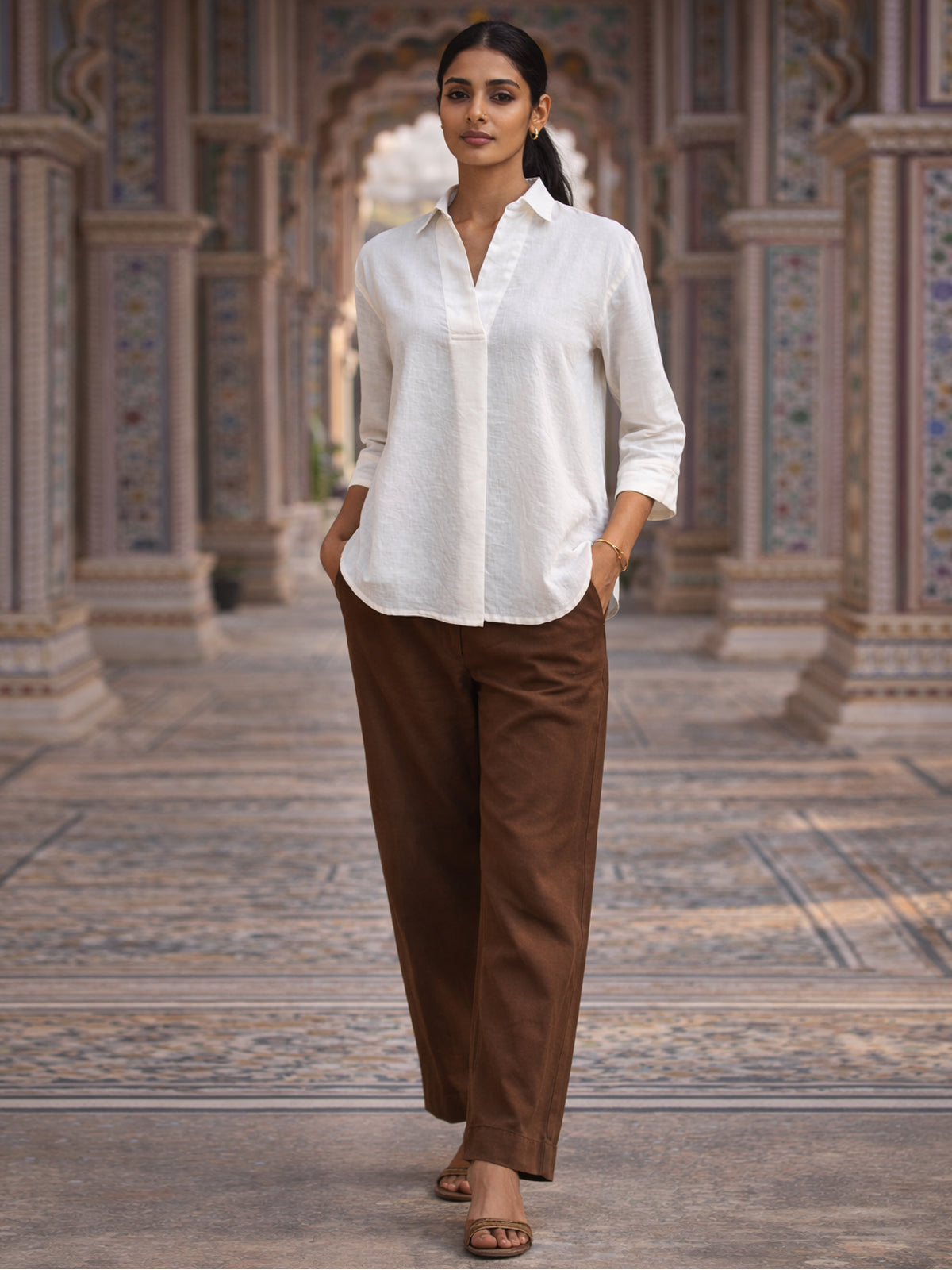 White Airy Linen Pleated Top