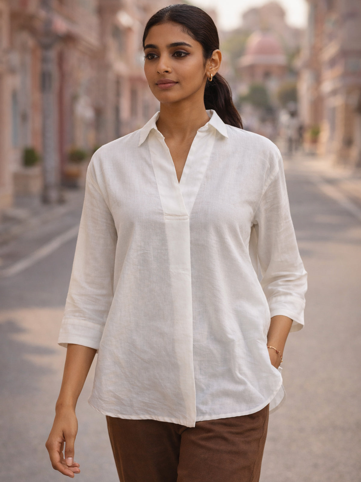 White Airy Linen Pleated Top