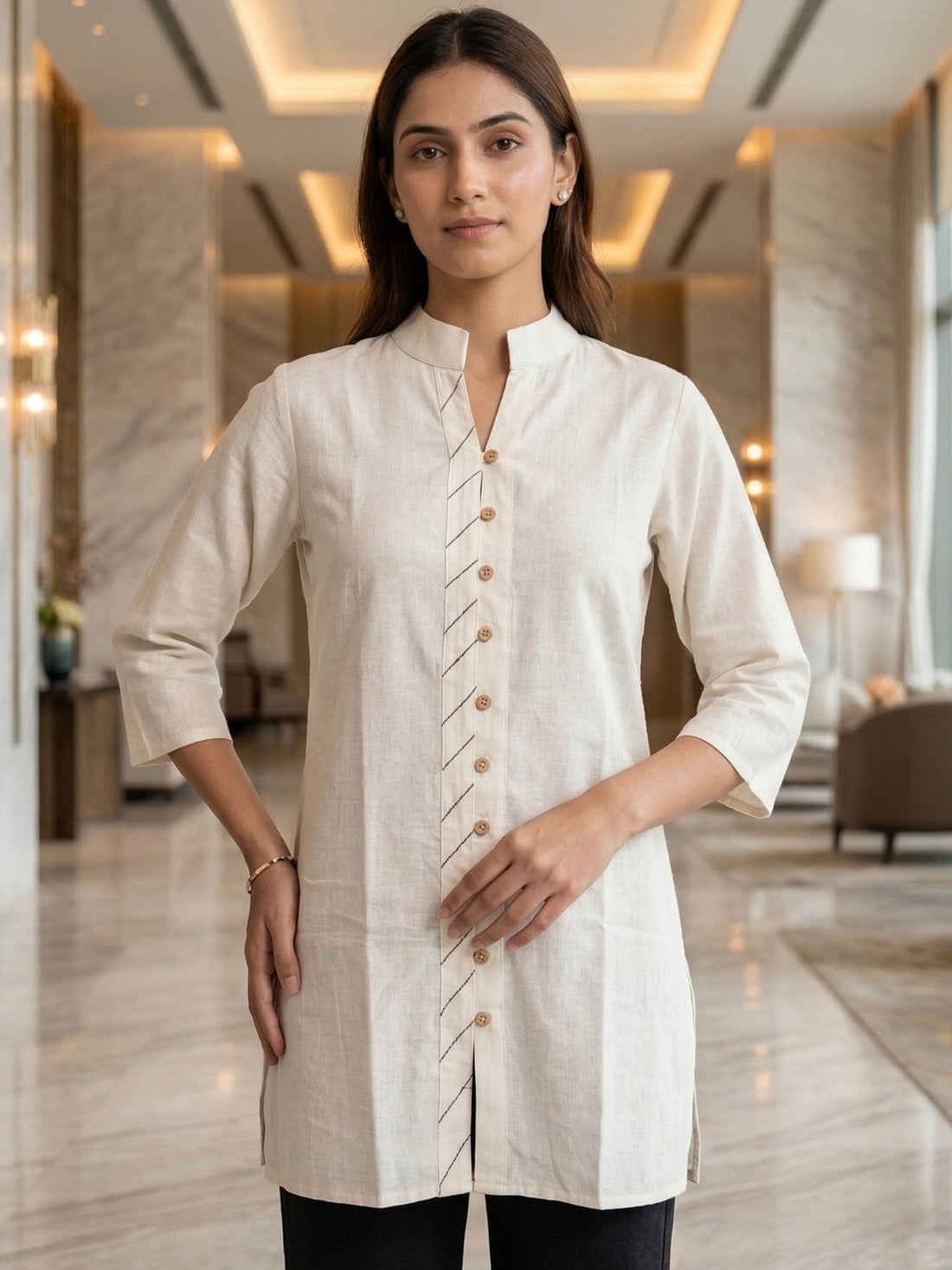 White Handloom Cotton Front-Slit Short Kurti