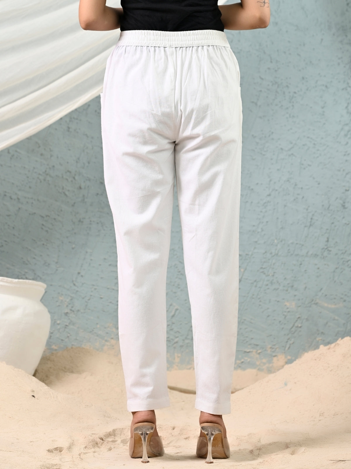 White Regular Fit Elastic Cotton Trouser