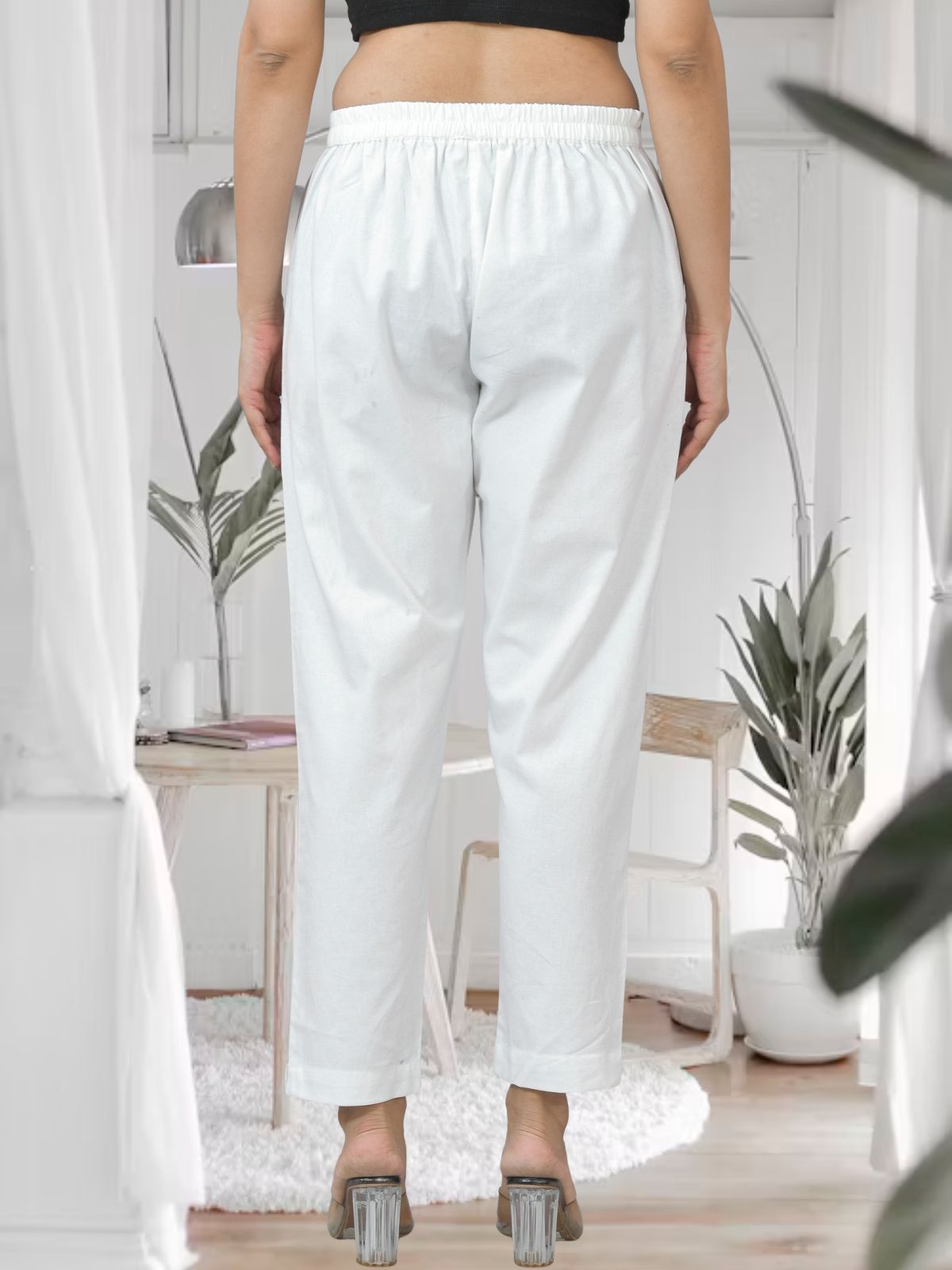 White Half Elastic Airy Linen Cotton Pants