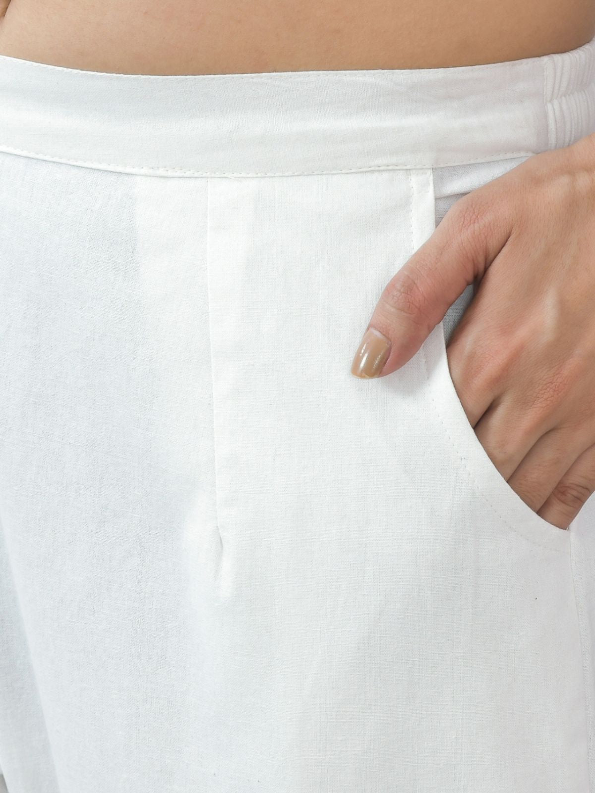 White Half Elastic Airy Linen Cotton Pants