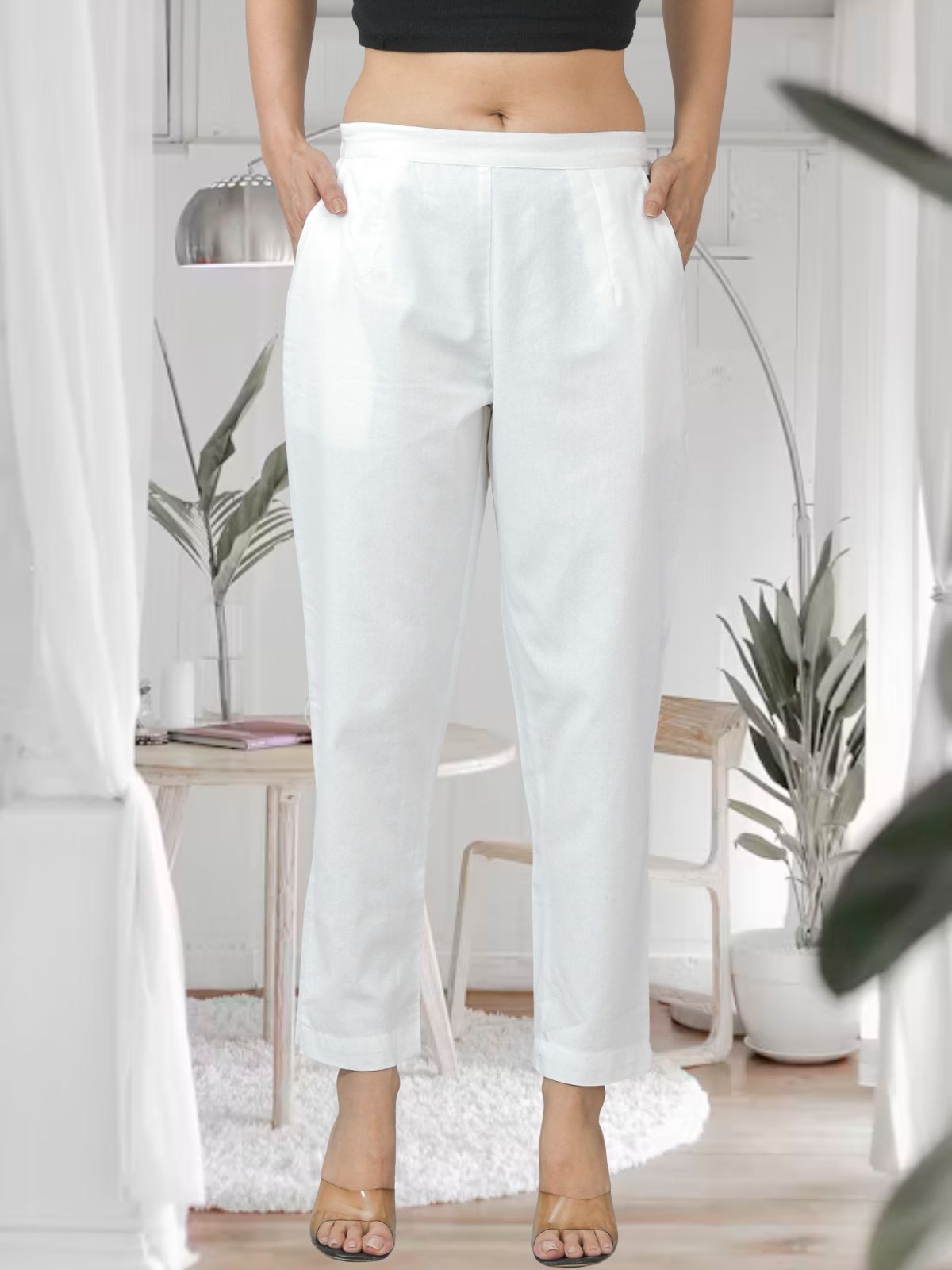 White Half Elastic Airy Linen Cotton Pants