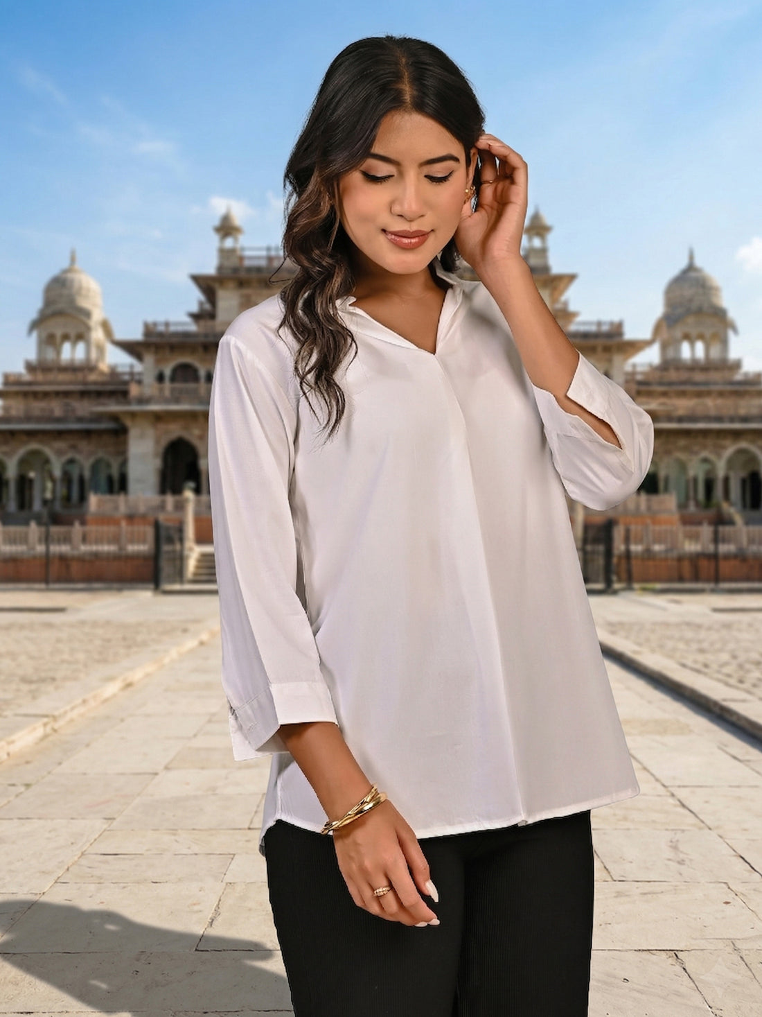 White Viscose Pleated Top