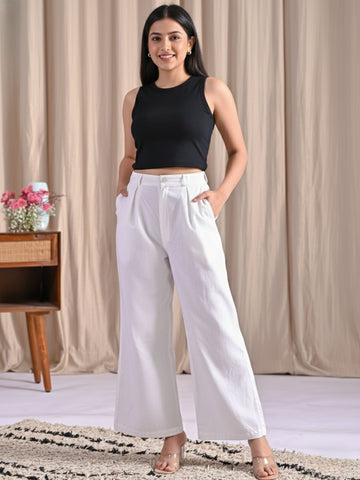 White Cotton Wide Leg Pants