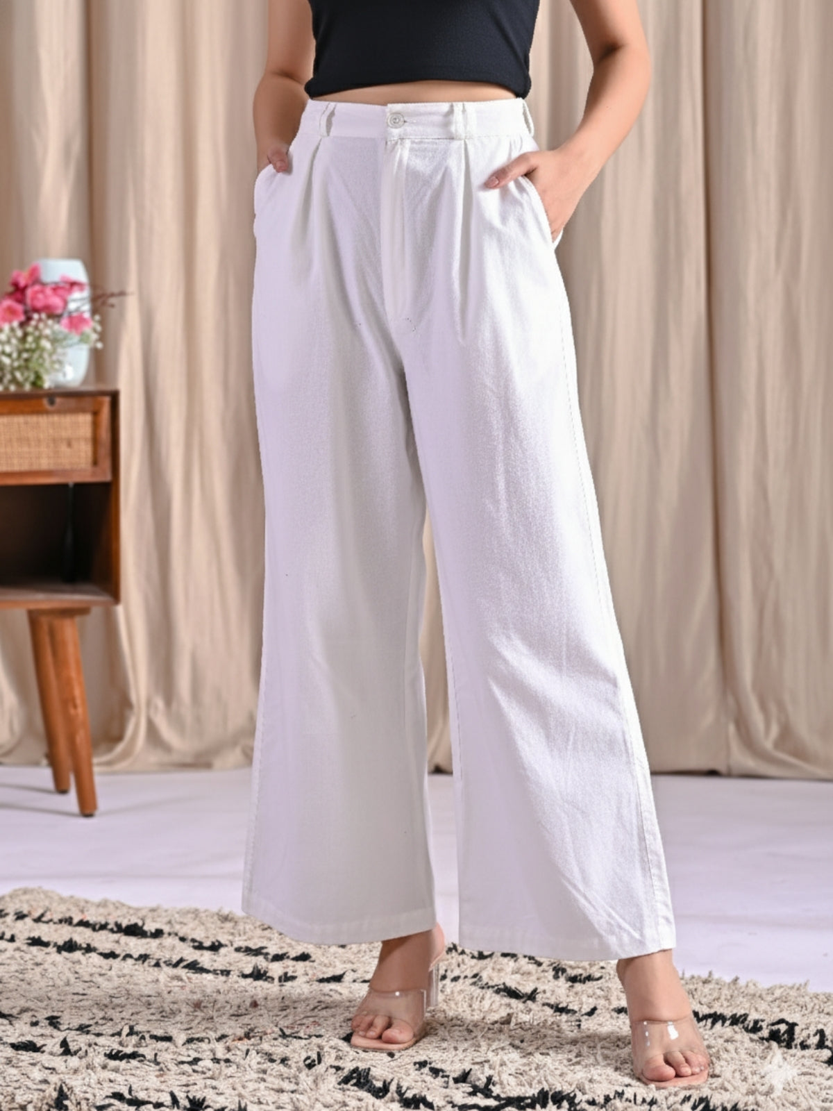 Tealblue & White-Cotton Wide Leg Pants Combo